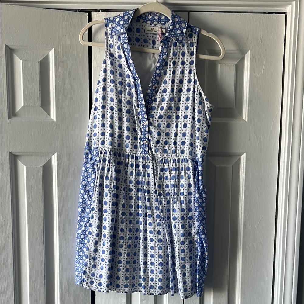 Blue and White Sleeveless Dress with pockets